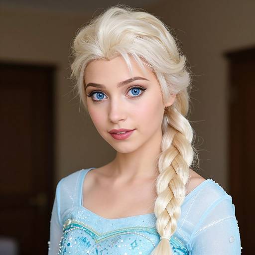 Digital portrait of a young woman with platinum blonde hair in a braid, blue eyes, wearing a light blue, sequin-embellished dress