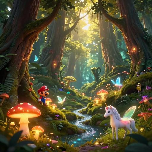 Fantastical forest scene: glowing mushrooms, luminescent blue butterflies, white fairy-like unicorn, winding stream, sunbeams filtering through trees,