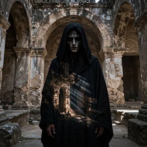 Photograph of a hooded figure in dark robes standing in a dilapidated, sunlit ancient archway, with shadows creating a mysterious, eerie