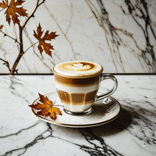 Latte Coffee with Autumn Leaves on Marble