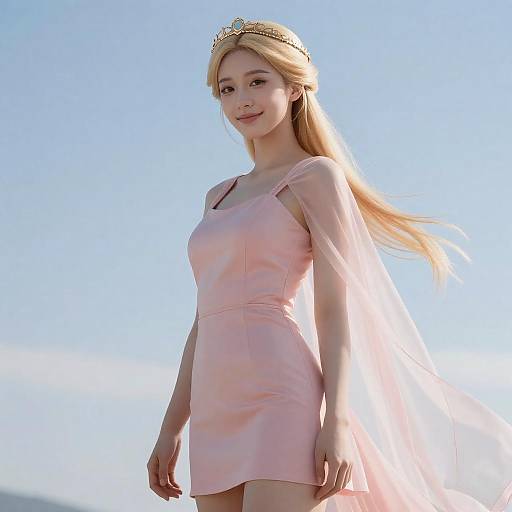 Blonde Woman in Pink Dress with Transparent Cape