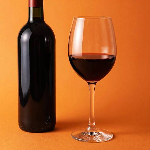 Photograph of a dark bottle of red wine and a half-filled glass of red wine on an orange background.