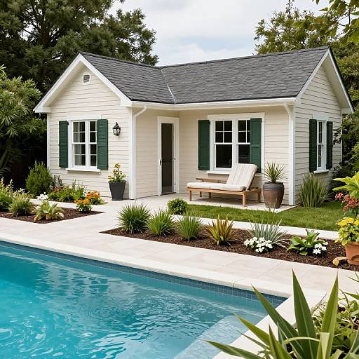 Photograph of a quaint, white, shingle-style cottage with green shutters, a grey roof, and a backyard pool, surrounded by lush green
