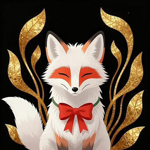 White Fox Illustration with Golden Leaves and Red Bow
