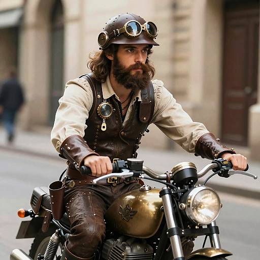 Steampunk Bearded Man on Motorcycle