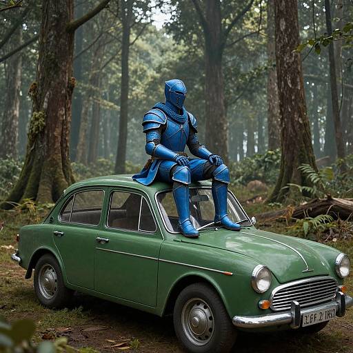 Photograph of a blue armored knight sitting on a green vintage car in a misty forest, tall trees in background.