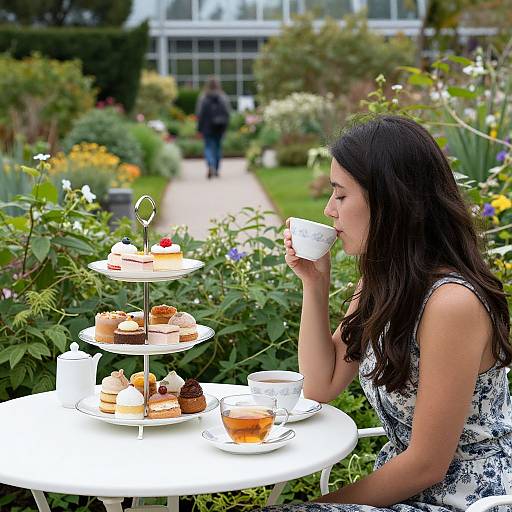Photograph of a woman with long dark hair, in a floral dress, sipping tea, seated at a white table with a tiered cake stand