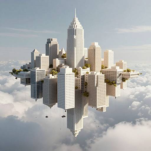 Photorealistic CGI of a floating cityscape with tall, white skyscrapers surrounded by fluffy clouds, set against a clear blue sky.