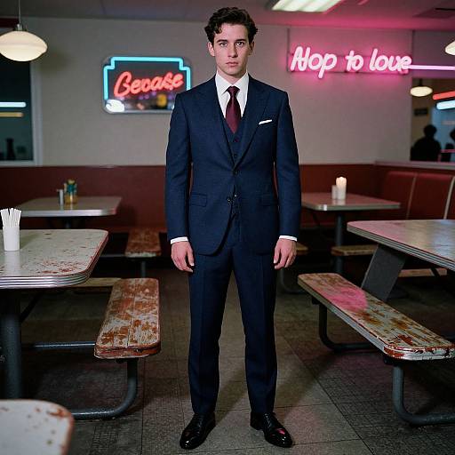Photograph of a young man in a dark blue suit, white shirt, and red tie, standing in a retro diner with neon signs, wooden benches