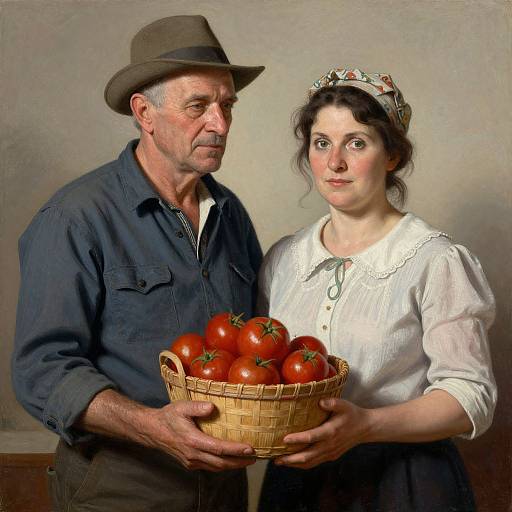 Photograph of elderly man in dark shirt and hat, holding basket of tomatoes with fair-skinned woman in white blouse and floral headband.