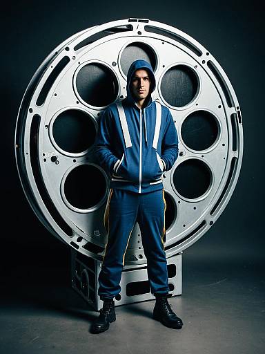 Man in Blue Hoodie and Joggers Standing in Front of Giant Film Reel