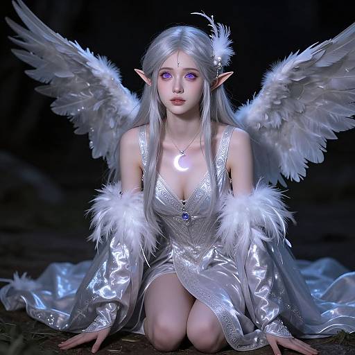 Digital art of a silver-winged, fair-skinned elf woman with long white hair, wearing a shimmering silver dress with feathered sleeves, kneeling