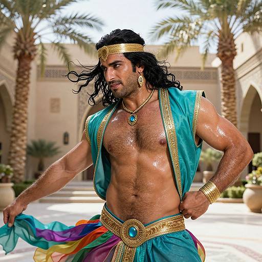 Photograph of a muscular, dark-haired man with long hair, wearing a gold headband, necklace, and bracelet, and a blue, rainbow-d