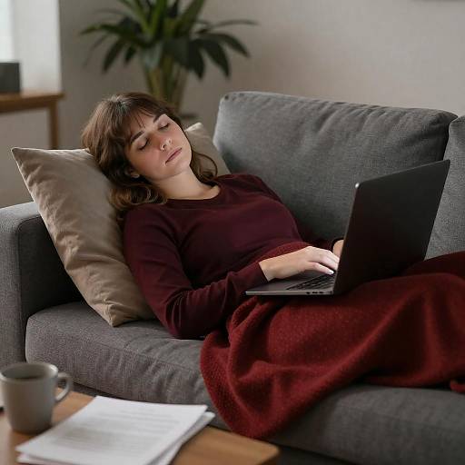 Cozy Woman Sleeping on Grey Couch