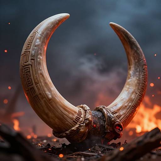 Photograph of a detailed, ancient-style, ornate silver horn with red eyes, set against a fiery, smoky background, glowing with intense light