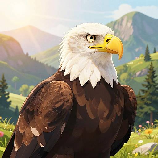 Digital illustration of a majestic bald eagle with white head and yellow beak, brown feathers, against a vibrant mountainous landscape.