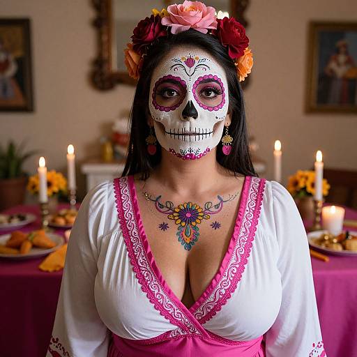 Photograph of a woman with dark hair, pink flower crown, and intricate sugar skull face paint, wearing a white dress with pink lace, standing in