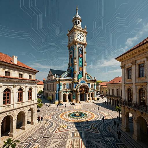 Photograph of a vibrant, sunlit plaza with intricate mosaic patterns, featuring a tall, ornate clock tower with blue and gold accents, surrounded by