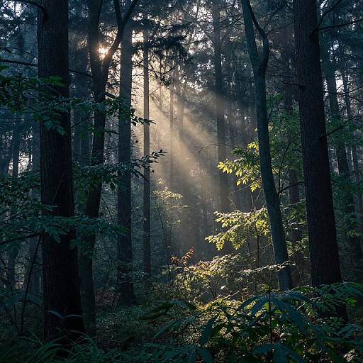 Photograph of a dense, sunlit forest; sunlight beams through tall, dark trees, illuminating green leaves and casting ethereal light rays.