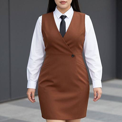 Photograph of an Asian woman with long black hair, wearing a white shirt, black tie, and brown sleeveless vest dress, standing against a dark