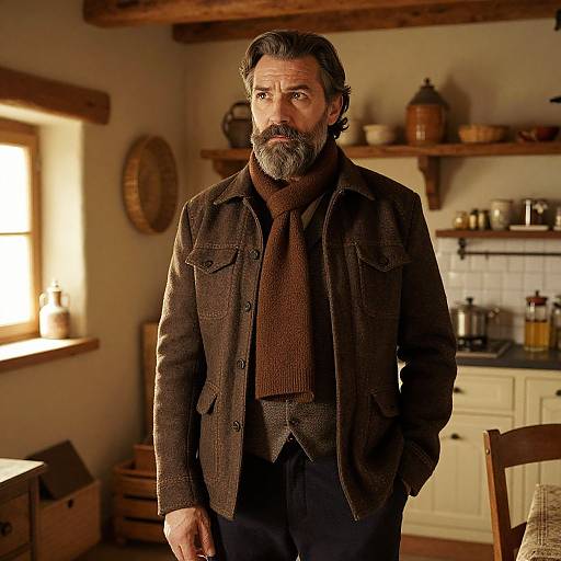 Photograph of a middle-aged man with a grey beard and mustache, wearing a brown jacket and scarf, standing in a warmly lit, rustic kitchen