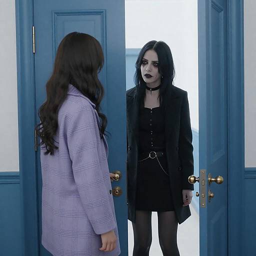 Lavender Coat Meets Goth in Hallway