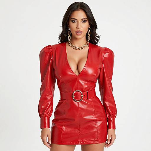 Photograph of a confident woman with long black hair, wearing a shiny red leather dress with puffed sleeves, deep V-neck, and a gold belt