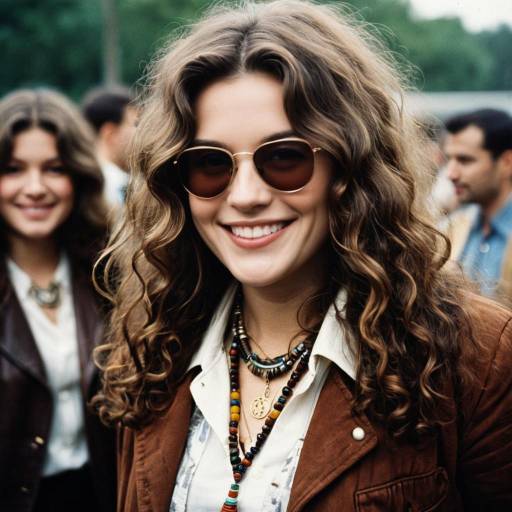 Smiling Woman in Vintage Sunglasses and Brown Jacket