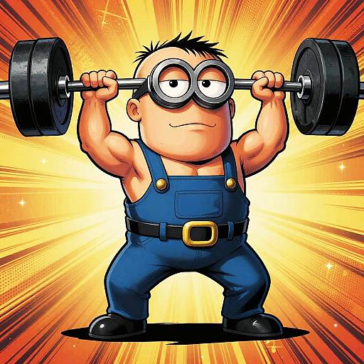 Cartoon muscular man with round glasses, blue overalls, lifting a heavy barbell against a bright, radiating yellow and orange background.