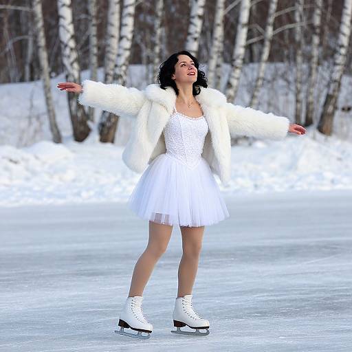 Photograph of a dark-haired woman in a white dress and fur coat, skating on ice with outstretched arms in a snowy birch forest.