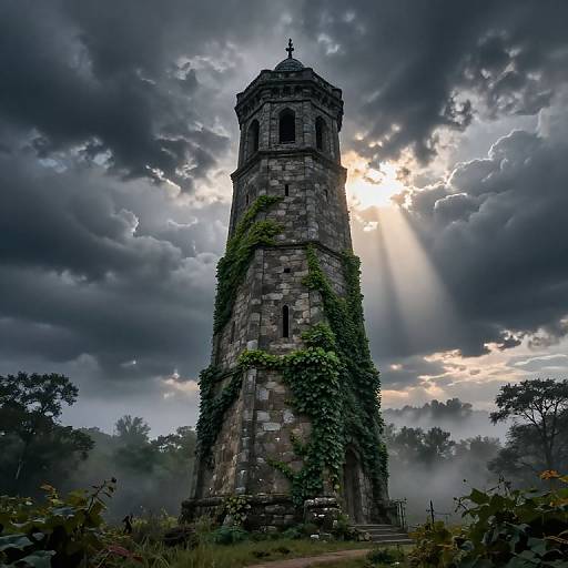 Photograph of a tall, ancient stone tower with ivy, set against a dramatic, cloudy sky with sun rays piercing through. Mist surrounds the base