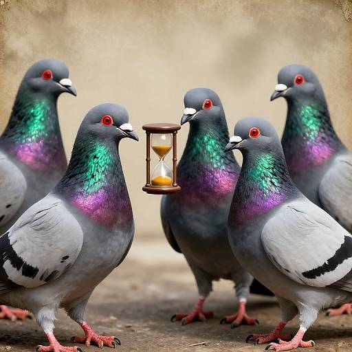 Photograph of five iridescent pigeons with red eyes, holding a small wooden hourglass, against a blurred beige background.