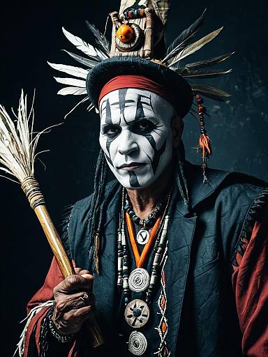 Man in Witch Doctor Costume with Tribal Face Paint