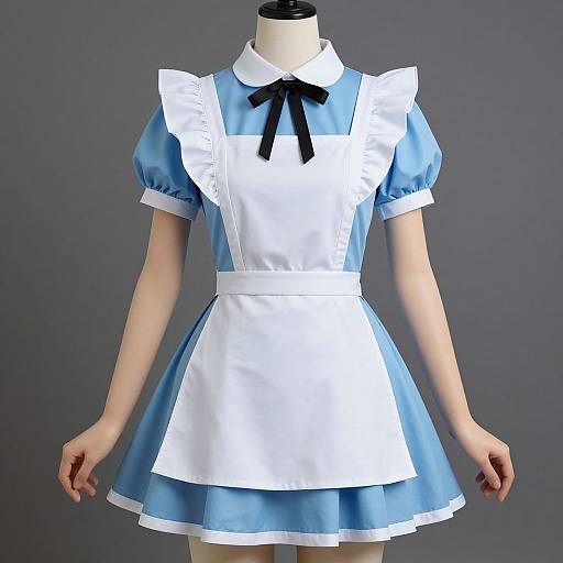 Photograph of a mannequin in a blue and white vintage-style maid dress with puffed sleeves, black ribbon bow, and white apron.