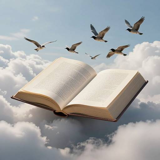 Open book floating in sky with seven birds flying around it; bright blue sky with fluffy white clouds in background.