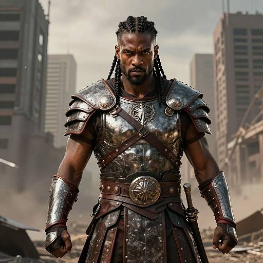 Photorealistic CGI of a muscular Black man with dreadlocks, wearing shiny, medieval-style metal armor, standing in a post-apocalyptic cityscape.