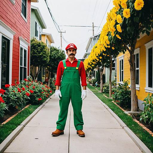 Man in Mario Costume on Flower-Lined Street