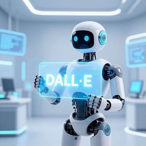 Digital artwork of a white and black robot with glowing blue eyes holding a blue sign with 