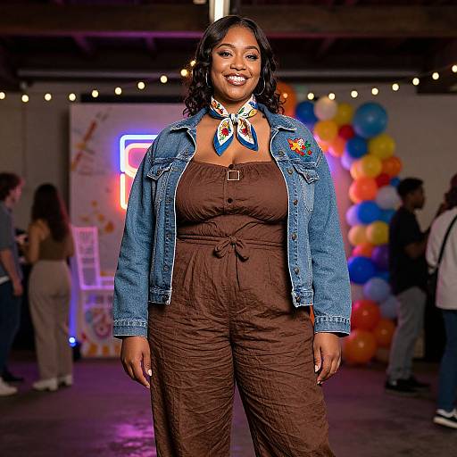 Photograph of a smiling Black woman with curly hair, wearing a denim jacket, brown jumpsuit, and colorful scarf, standing in a brightly lit indoor