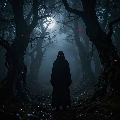 Silhouetted hooded figure with glowing red eyes stands in a dark, misty forest, surrounded by eerie, shadowy trees with red eyes