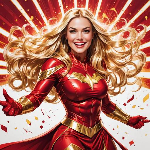 Comic Book Superhero Woman in Red and Gold Costume