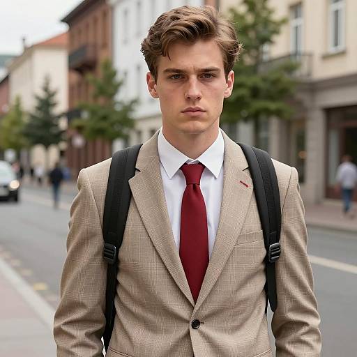 Young Man in Beige Plaid Suit with Red Tie