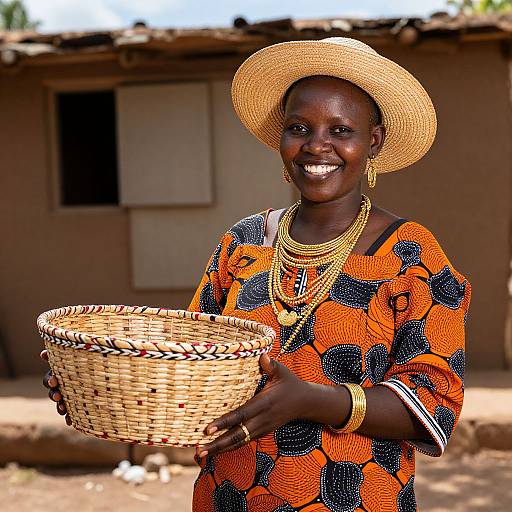 Smiling African woman in vibrant orange and black patterned dress, gold jewelry, and straw hat holds woven basket, standing in front of rustic house.
