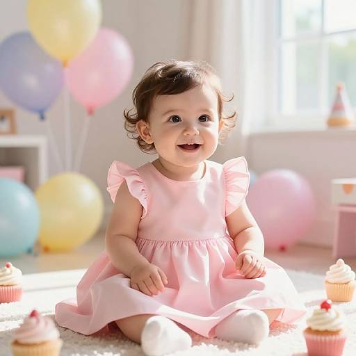 Photograph of a smiling baby girl with curly brown hair, wearing a pink dress and white socks, sitting on a carpet surrounded by colorful balloons and cupcakes