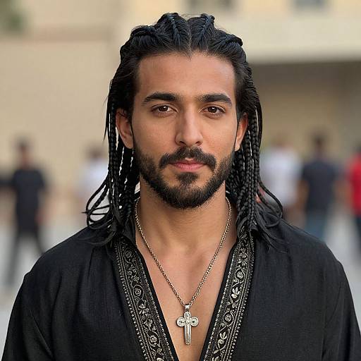 Photograph of a handsome Middle Eastern man with long black dreadlocks, beard, wearing a black embroidered shirt and a silver cross necklace, set against a