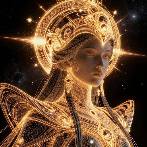 Digital art of a glowing, ethereal woman with intricate golden headpiece and flowing hair, set against a star-filled black background.
