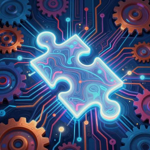 Digital illustration of a glowing, neon blue puzzle piece surrounded by vibrant, colorful gears and circuitry lines against a dark blue background.