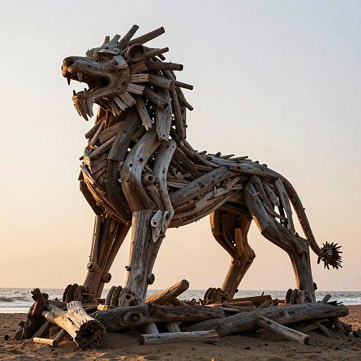 Driftwood Lion Sculpture on Beach at Sunset