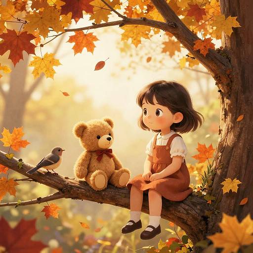 Little Girl with Teddy in Autumn