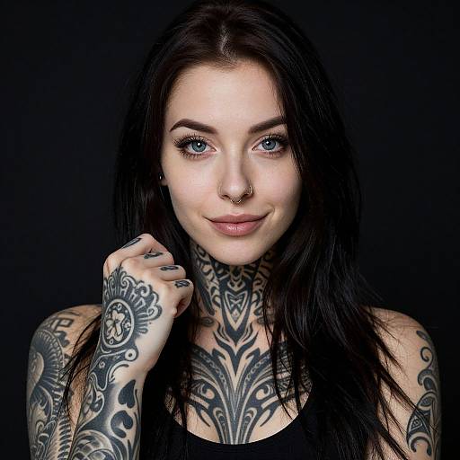 Portrait of Tattooed Woman with Piercing Blue Eyes